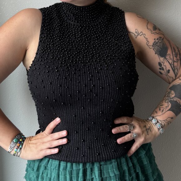 Vintage Y2K Cache Beaded Black Ribbed High Neck Sleeveless Top - Picture 2 of 10